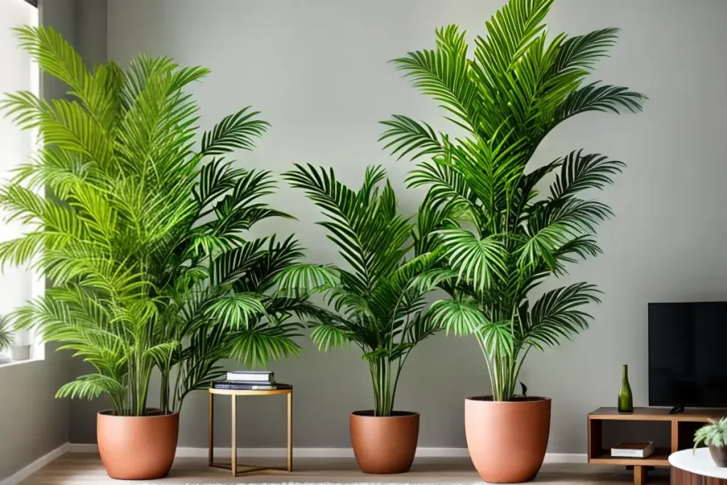 Planta Palmeira Chameadora Elegans em uma sala em vasos de barro