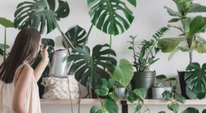 plantas internas ornamentais sobre bancada sendo regadas por mulher