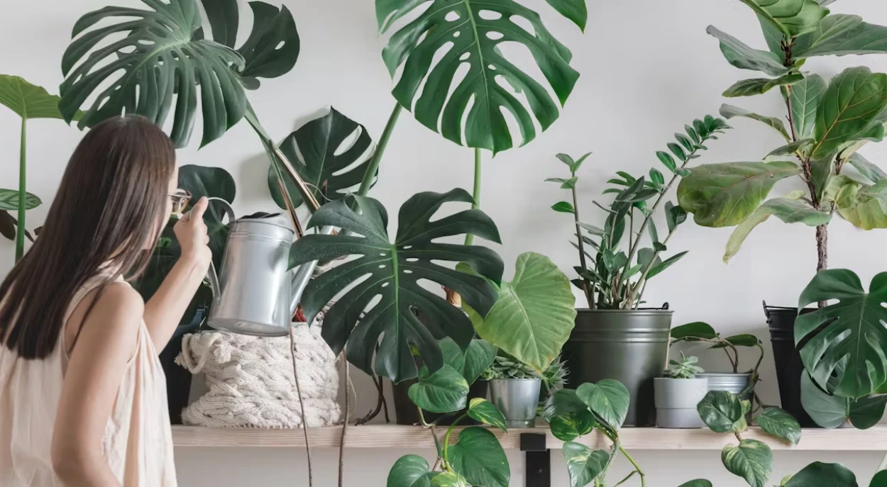 plantas internas ornamentais sobre bancada sendo regadas por mulher