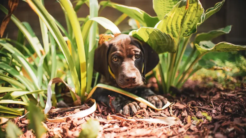 cachorro no meio das plantas